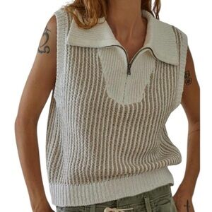 Cream and white vintage knit sweater vest with zipper detail
